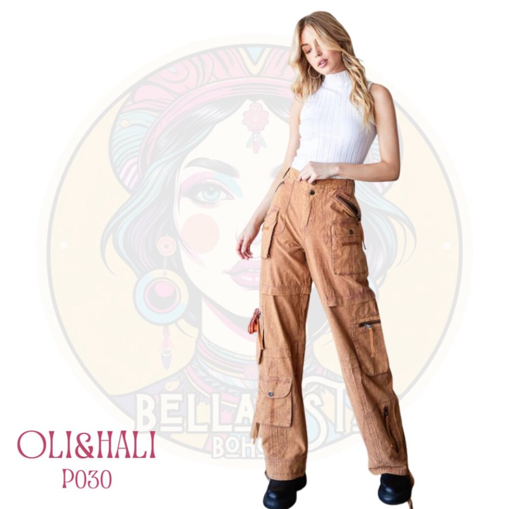 P030 OLI & HALI Camel Mineral Washed Multi-Pocket Cargo Pants
